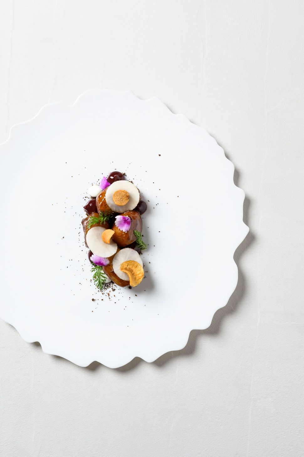 Charbons de topinambours, épine vinette, sabayon café orge malté